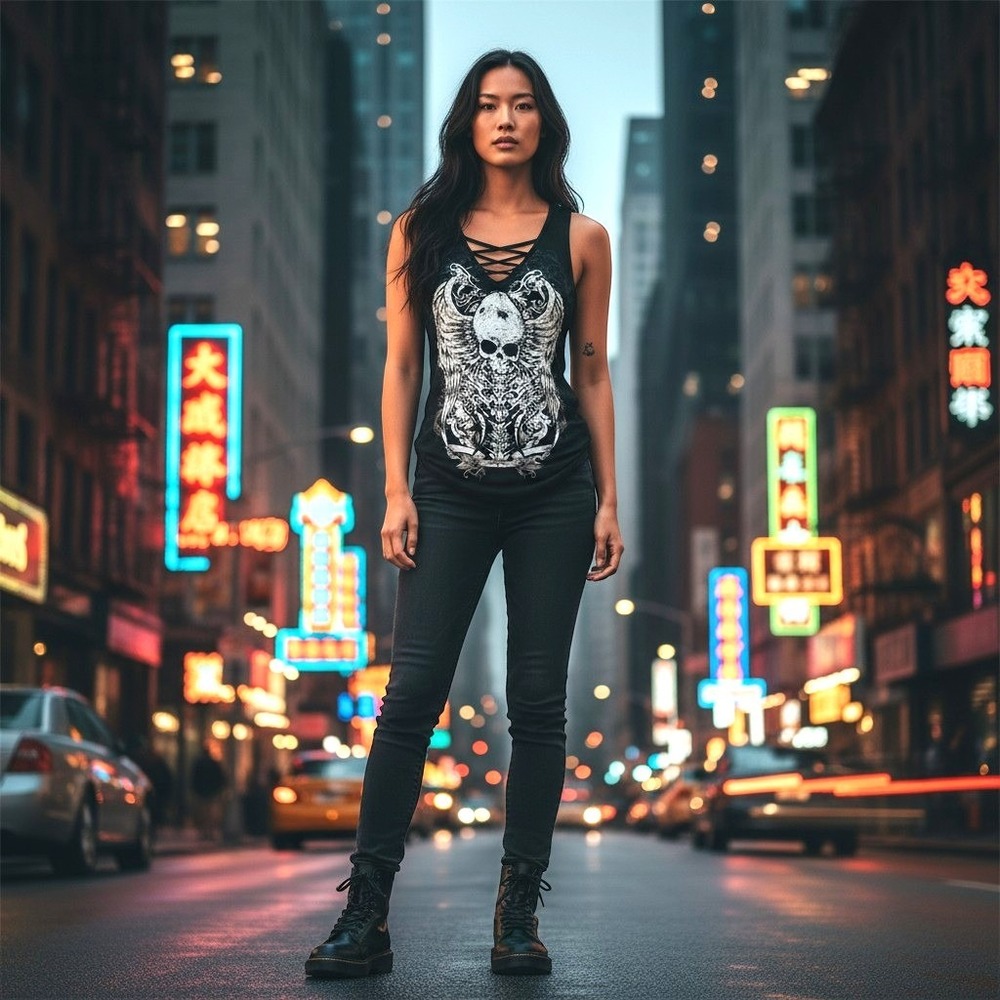 From Los Angeles Bus Stop Skeleton Winged Skull Crystal Cut Tank Top Black Small